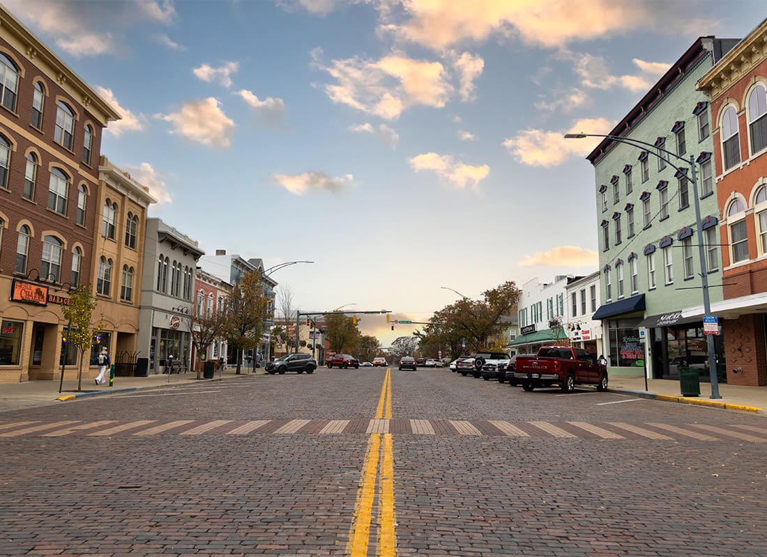 Oxford, OH - Beautiful View Down Oxford, OH Main Street on a Nice Day as the Sun Sets in the Summer